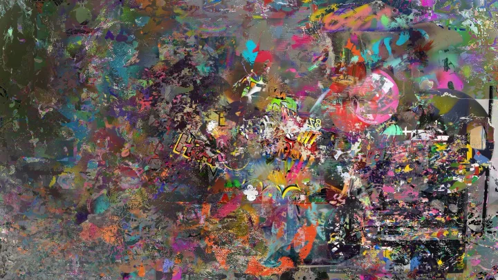 Multicoloured digital collage with layered blocks and textures.