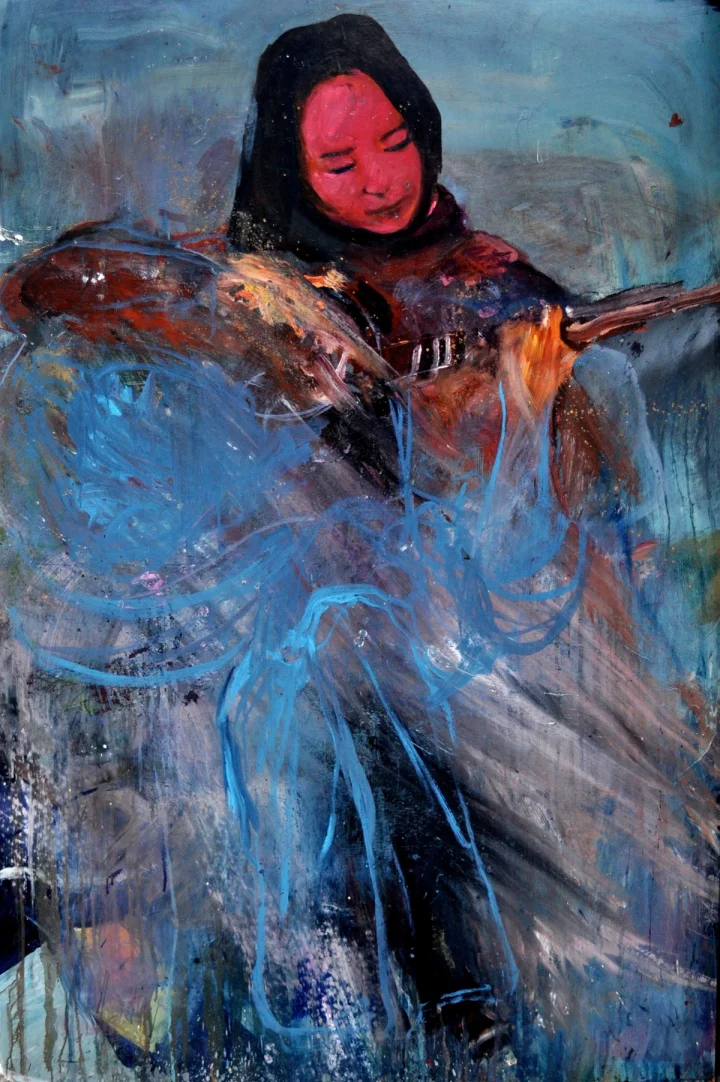Dark-clothed figure with a red face against loose blue brushwork.
