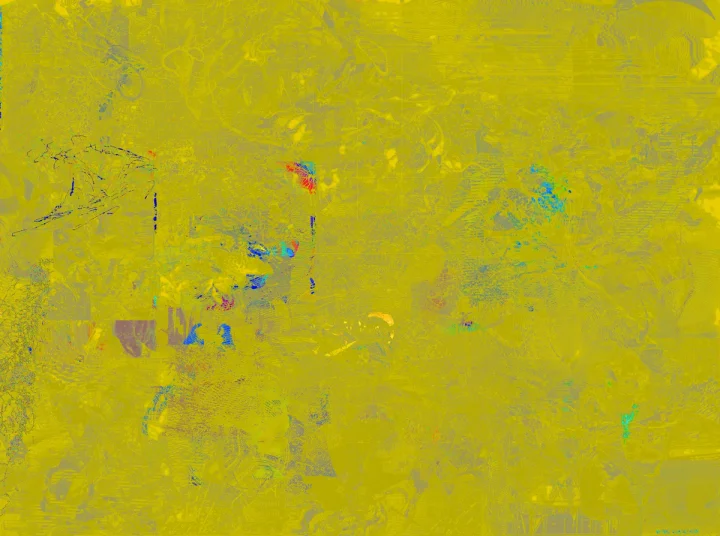 Yellow field with faint blue, green and pink marks.