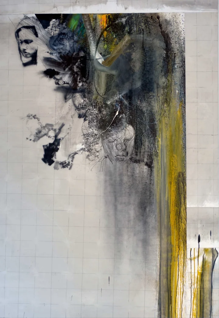 Grey vertical composition with fragmented faces and a narrow yellow stripe.