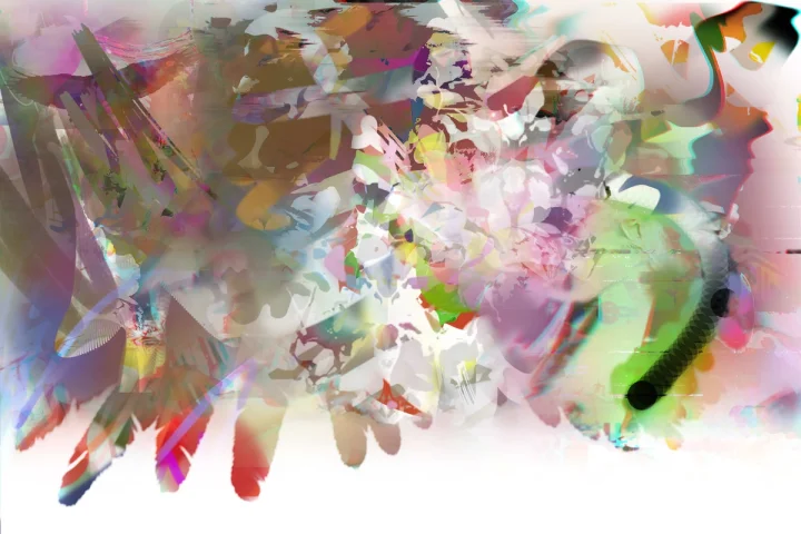Translucent painterly fragments in pink, green and grey on white.