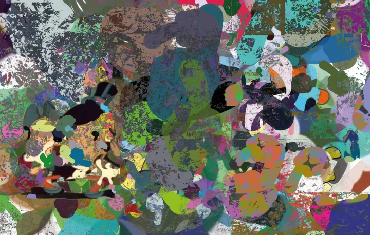 Layered green, pink and black patches surrounding a circular form.