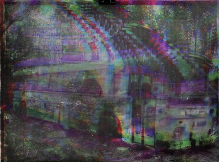 Architectural forms distorted by coloured horizontal bands.