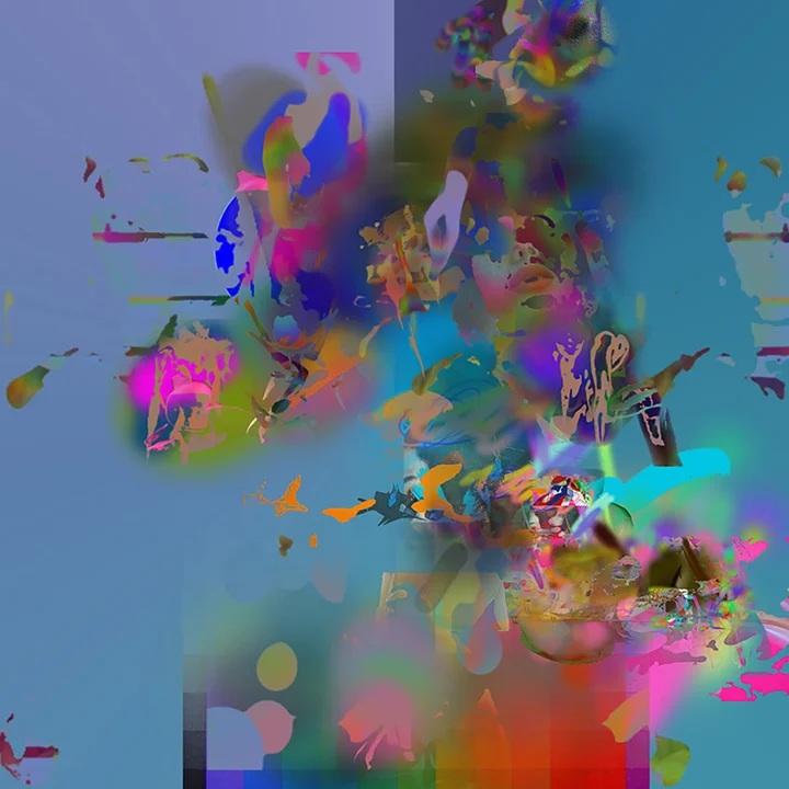 Floating pink, yellow and blue fragments on a blue-grey ground.
