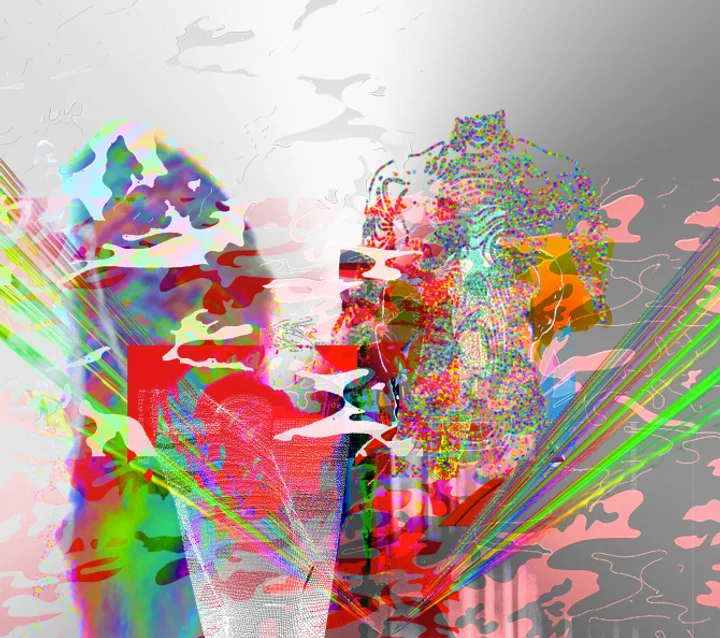 Red, green and turquoise fractured forms against a grey gradient.