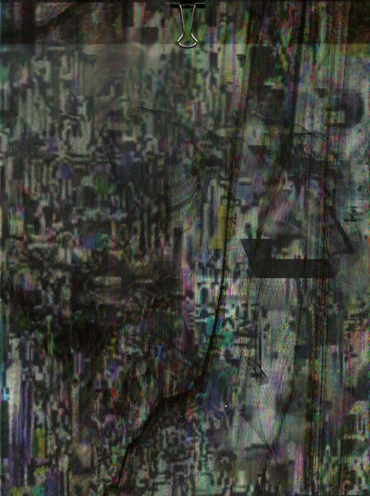 Dark vertical painting with dense green and grey streaks.