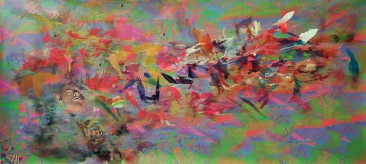 Wide pink, green and grey painting crossed by gestural fragments.