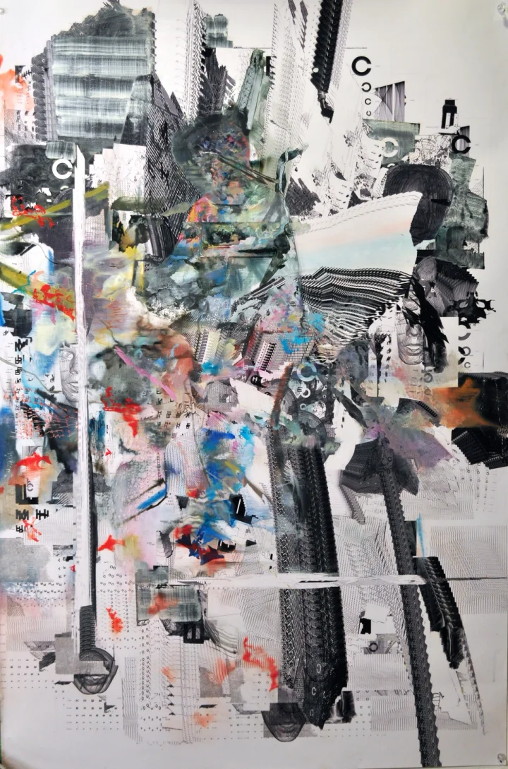 Black, white and coloured fragments arranged along a vertical axis.