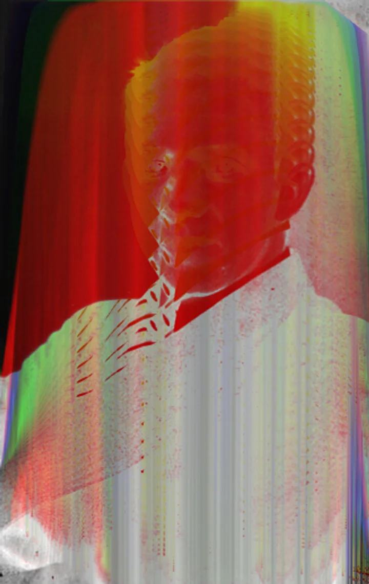 Vertical red, yellow and grey bands with distorted contours.