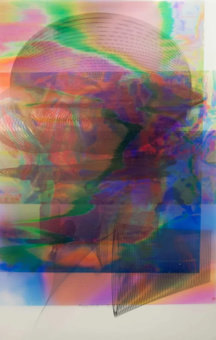Translucent head-like form distorted by coloured horizontal bands.