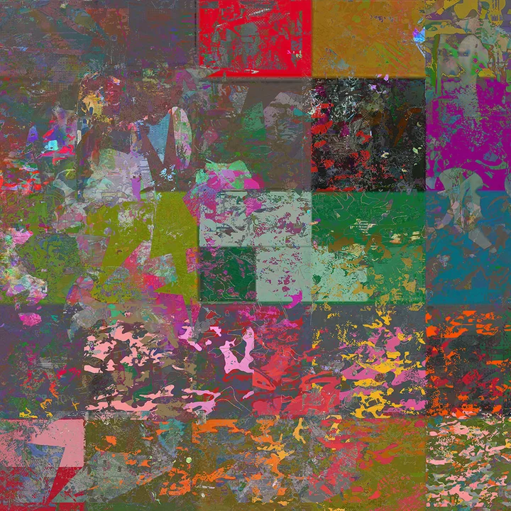 Grid of coloured, textured blocks with a red central stripe.