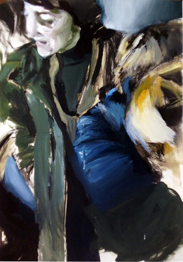 Cropped painted figures in white, green, blue and ochre.