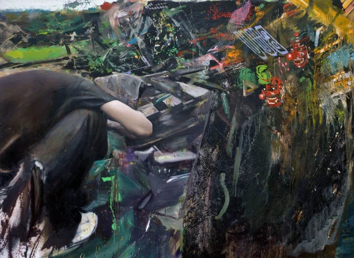 Fragmented reclining figure amid dark green and multicoloured brushwork.