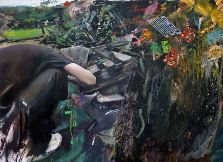 Fragmented reclining figure amid dark green and multicoloured brushwork.