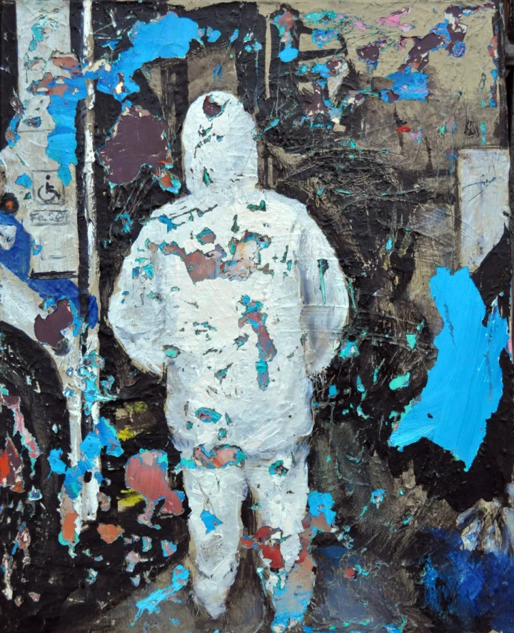 Pale outlined figure against a fragmented dark blue and black ground.