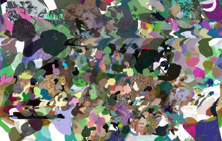 Layered camouflage-like patches in green, pink, black and white.