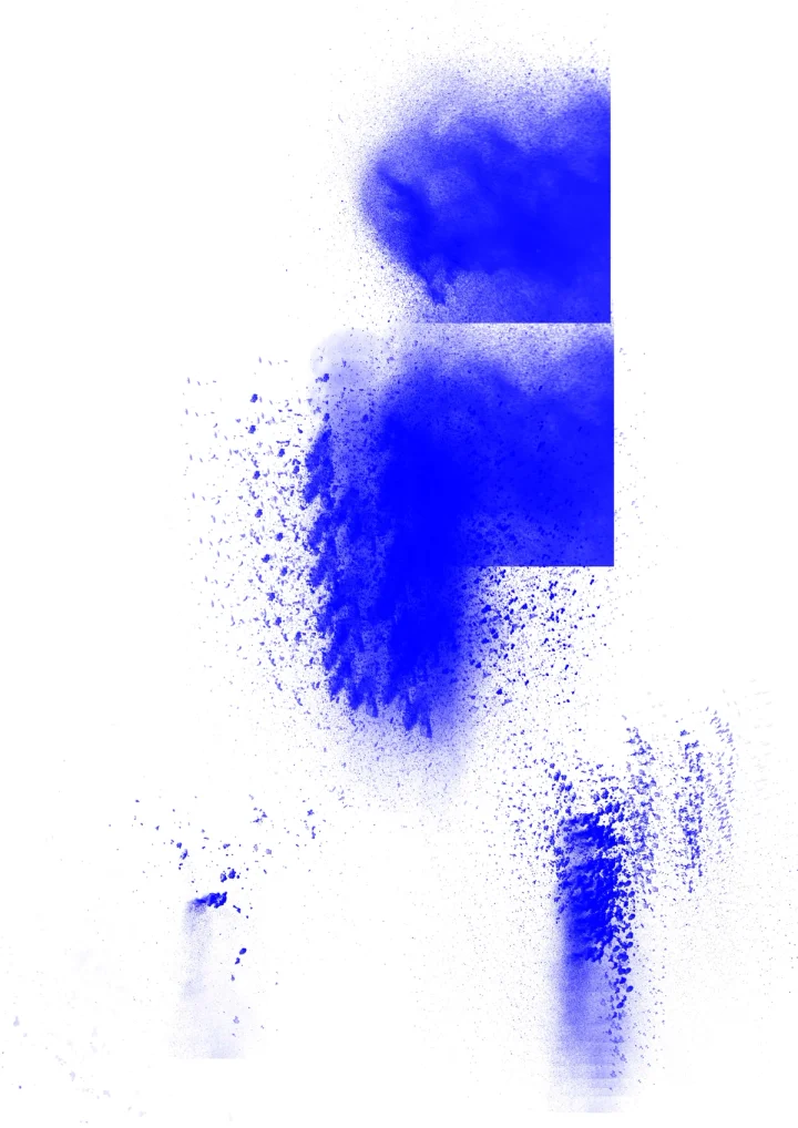 Two cobalt-blue sprayed forms on a white ground.