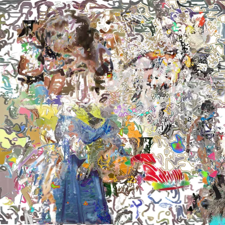 Dense black and multicoloured tangle surrounding a blue form.