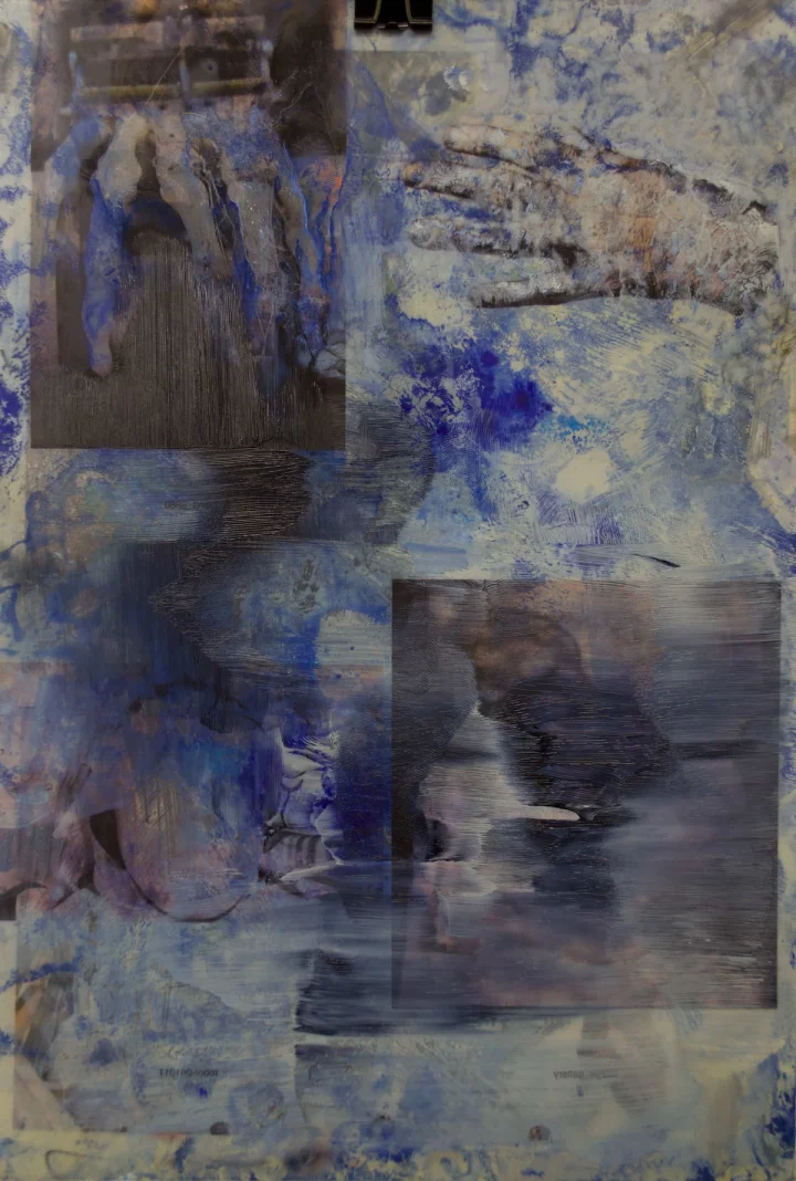 Blue-grey vertical painting of blurred and layered marks.