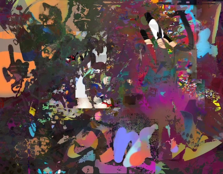 Dark abstract collage with orange, purple and magenta fragments.