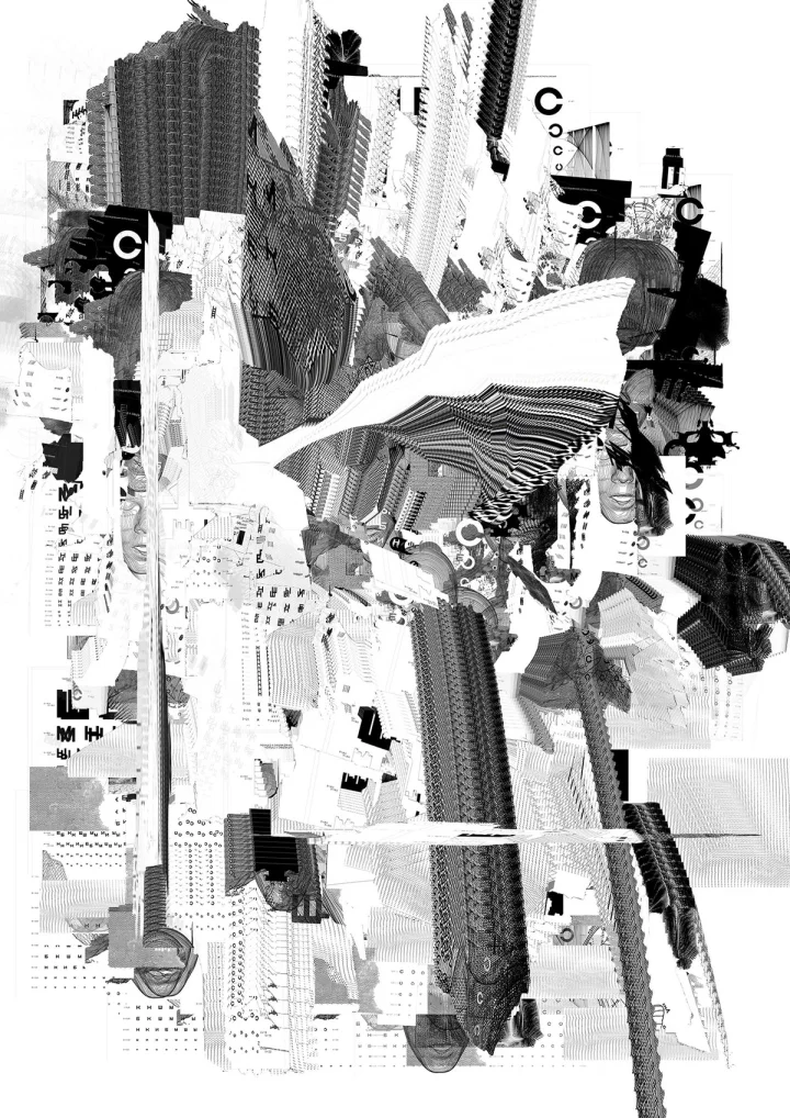 Black-and-white vertical collage with loose gestural marks.