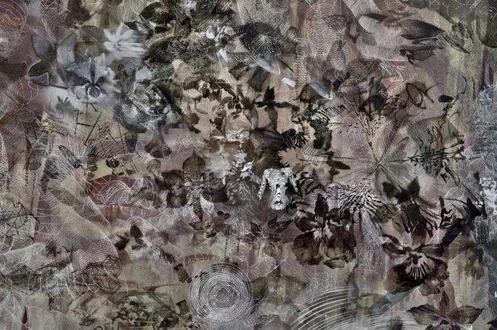 Dense grey and black painting of tangled, overlapping marks.