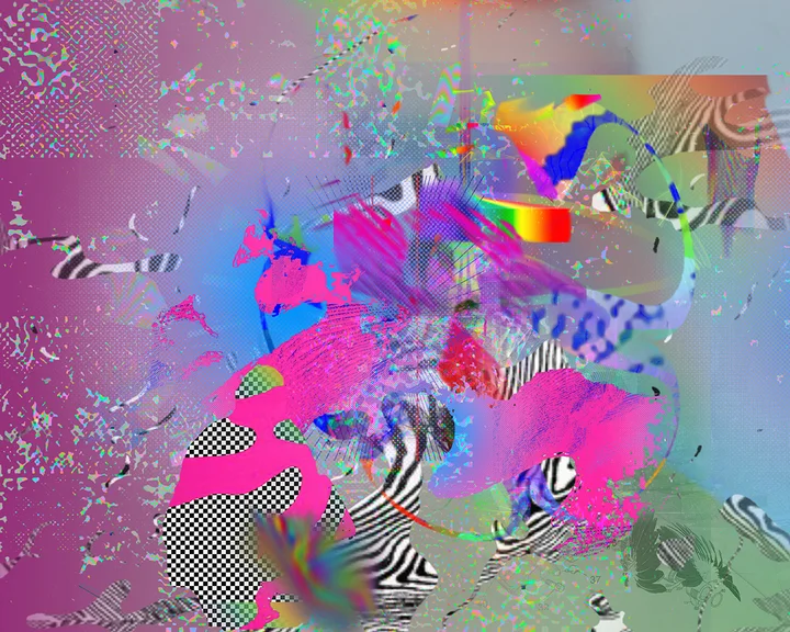 Bright pink and cyan fragments floating on a muted multicoloured ground.