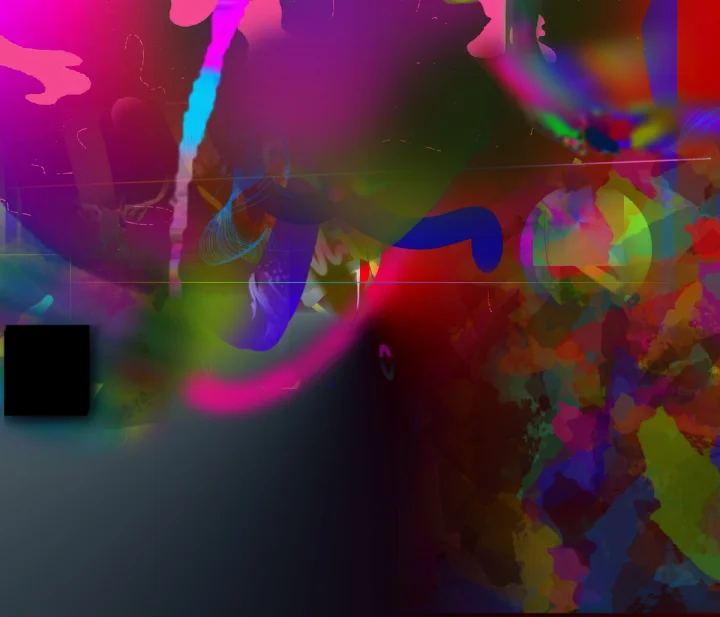 Neon magenta and green abstract forms against a dark gradient.