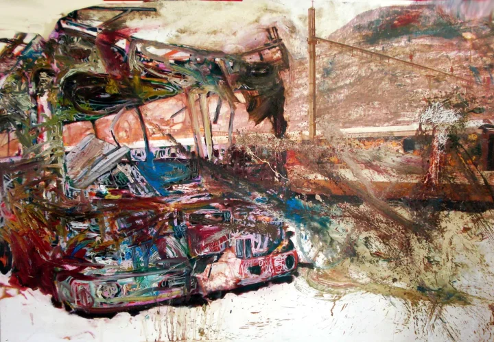 Fragmented vehicle imagery over layered pink, brown and white paint.