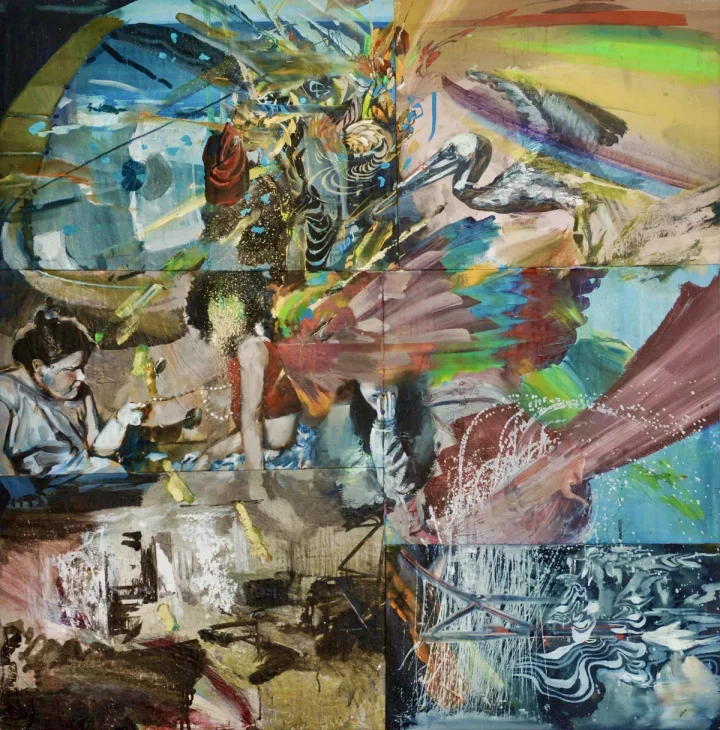 Layered figurative collage in muted green, blue and pink.
