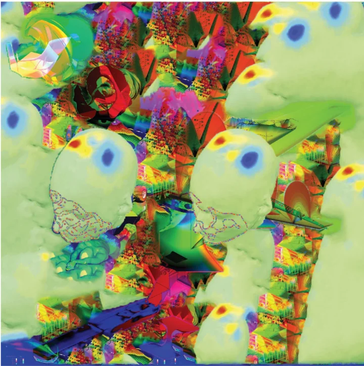 Layered yellow-green faces and eyes crossed by bright fragments.
