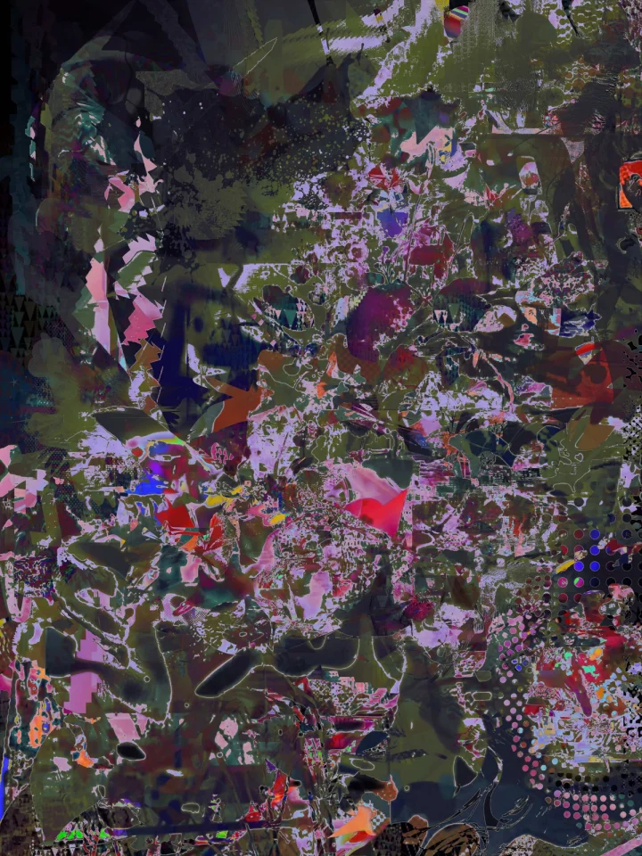 Dark vertical collage with grey, violet and coloured fragments.