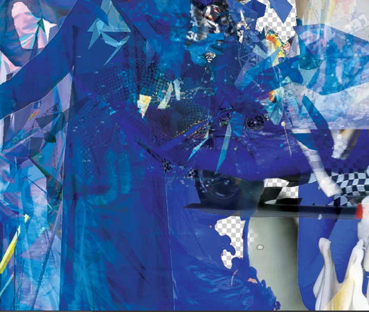 Blue geometric collage with white fragments and checkered details.