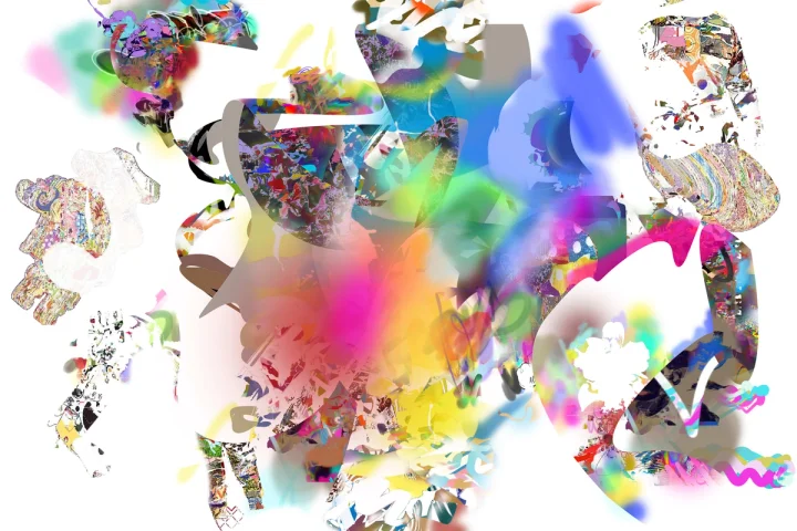 Translucent multicoloured fragments suspended against white.