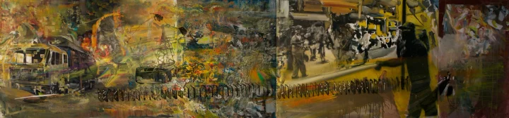 Long horizontal painting of densely layered dark and ochre imagery.