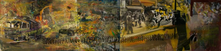Long horizontal painting of densely layered dark and ochre imagery.