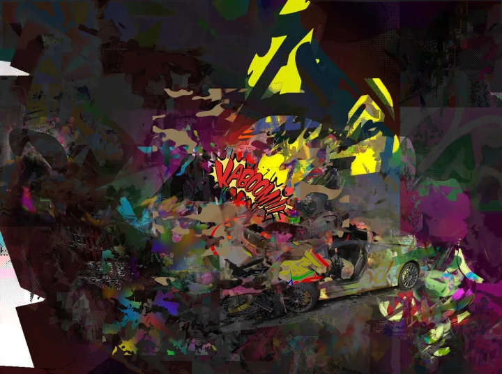 Dark collage with yellow, magenta and green interruptions.