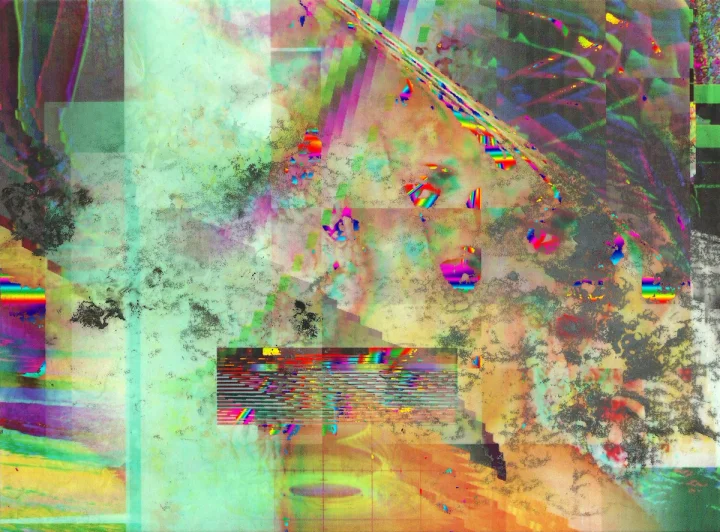 Bright green, yellow and pink image broken into overlapping blocks.