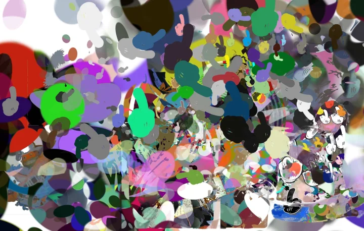 Dense patchwork of rounded green, pink, black and white forms.