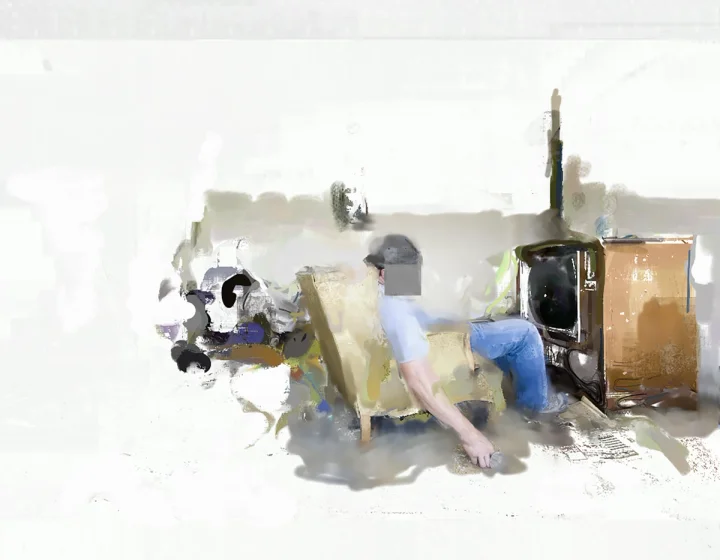 Fragmented interior imagery dissolving into a white ground.