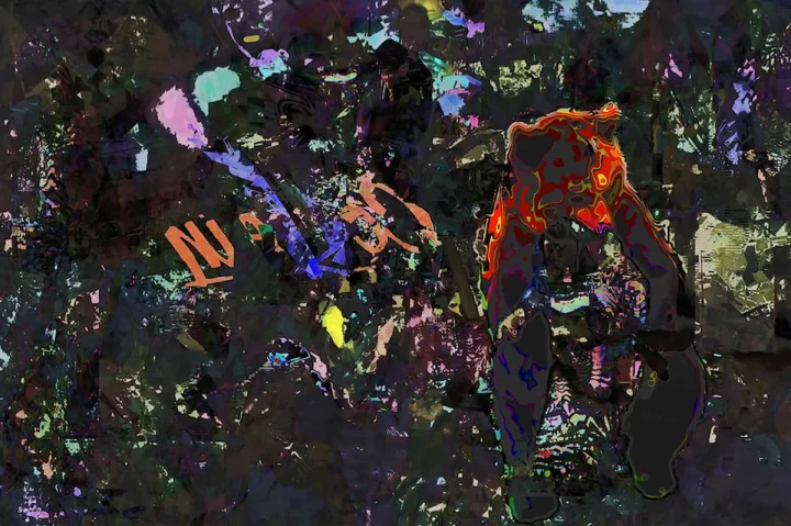 Dark tangled composition with scattered violet, orange and green shapes.