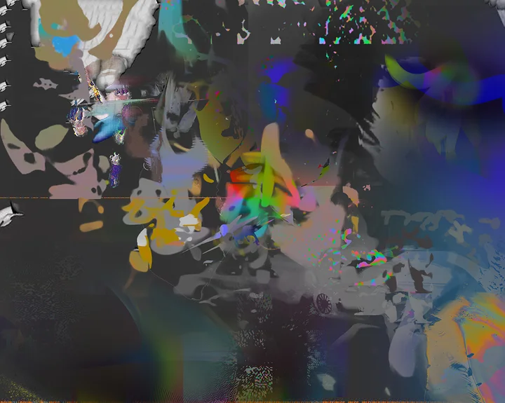 Grey and yellow fragments dissolving into a dark background.