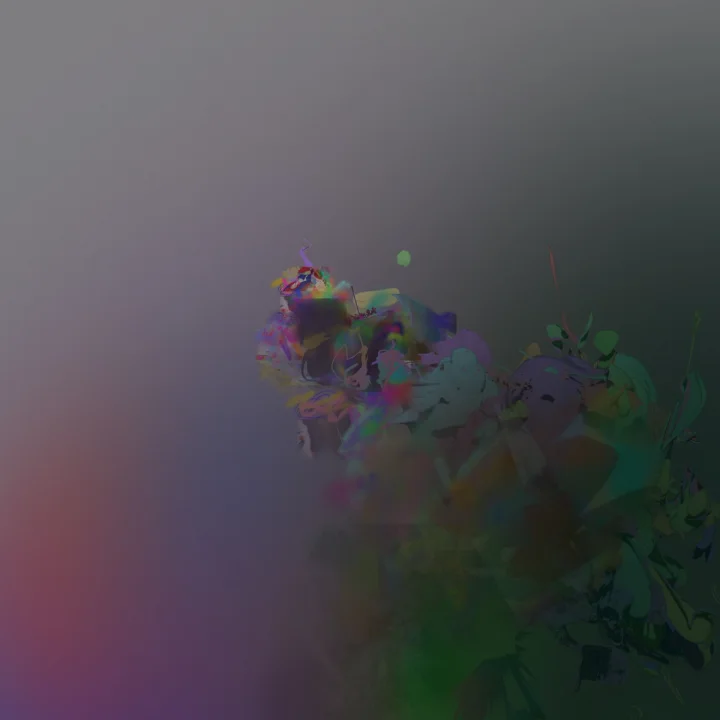 Cluster of dim multicoloured forms against a grey gradient.