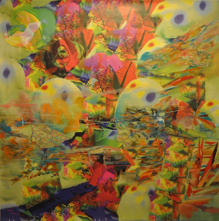Yellow-green faces and eyes overlaid with vivid painterly marks.