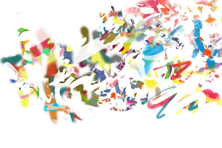 Scattered bright orange, green, blue and pink marks on white.