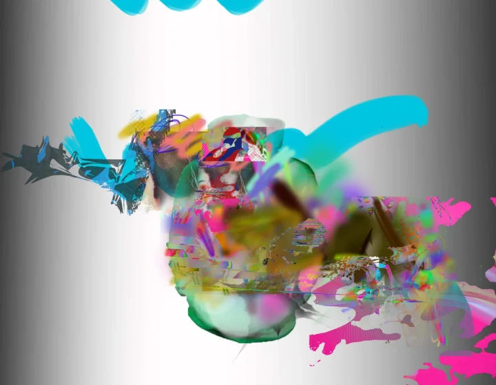 Curved turquoise strokes and coloured fragments over a grey gradient.