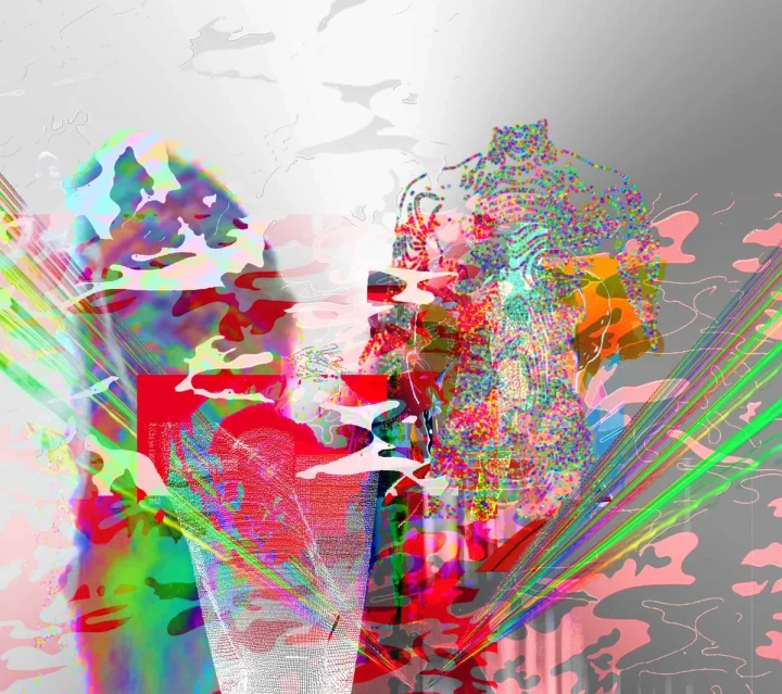 Red and green fractured forms across a grey gradient.