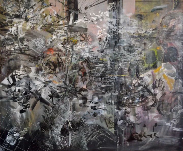 Layered grey gestural painting with scattered yellow accents.