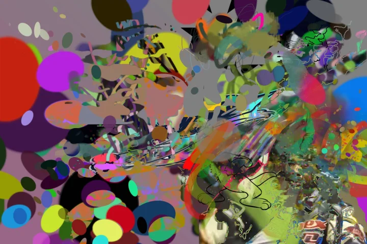 Overlapping circles, fragments and paint-like marks in vivid colours.