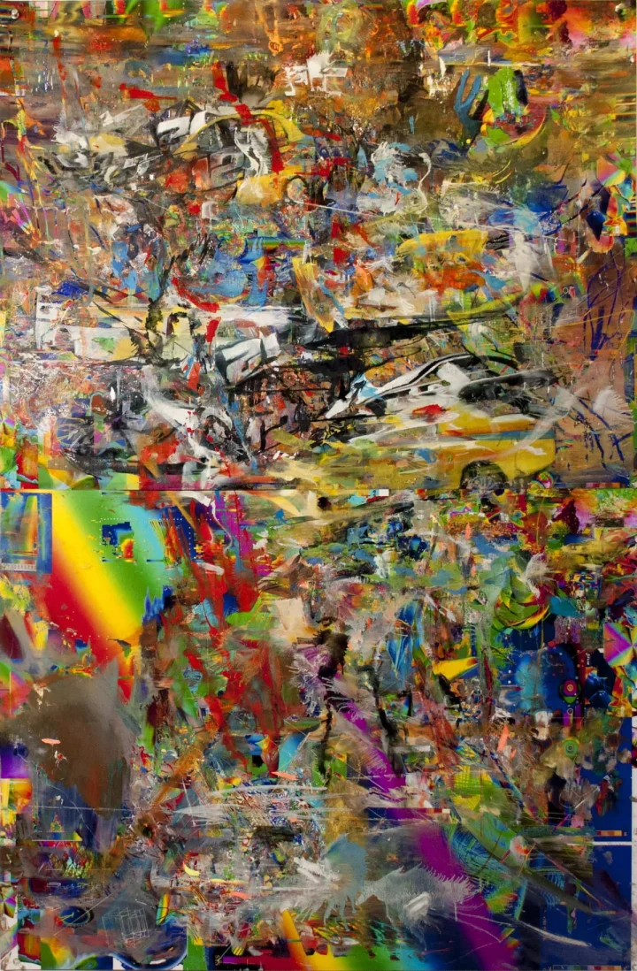 Dense vertical painting of overlapping yellow, blue and red marks.